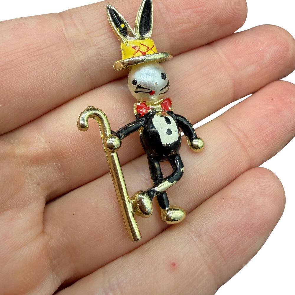 Vintage Rabbit Dancer Brooch Pin Faux Pearl, Enamel~Tuxedo w/ Bow Tie,Hat & Cane